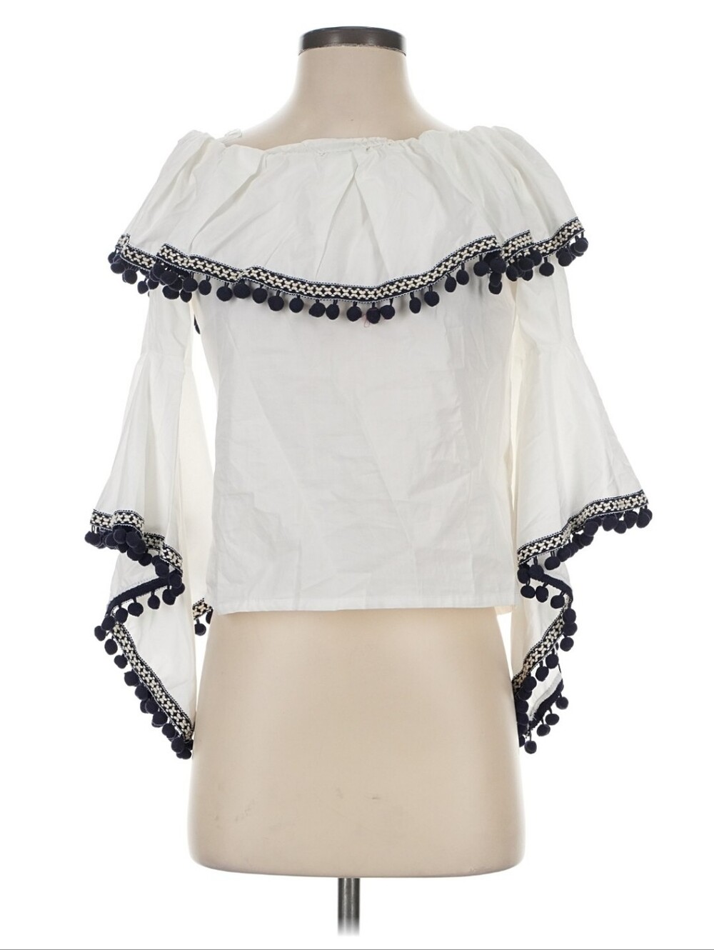 SM Hot & Delicious Off-Shoulder White Peasant Top with BLACK Pom Trim